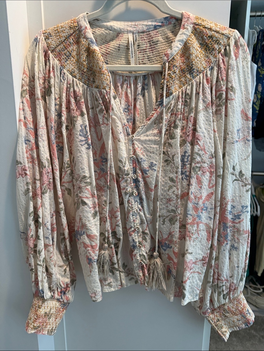 Anthropologie Floral Peasant Blouse - Cream with Pink & Blue Accents